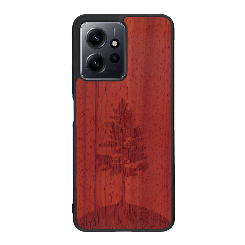 Coque de protection en bois véritable fabriquée en France pour Xiaomi Redmi Note 12 sur le thème de la nature, de la fôret et de l'écoresponsabilité avec une gravure représentant un arbre 