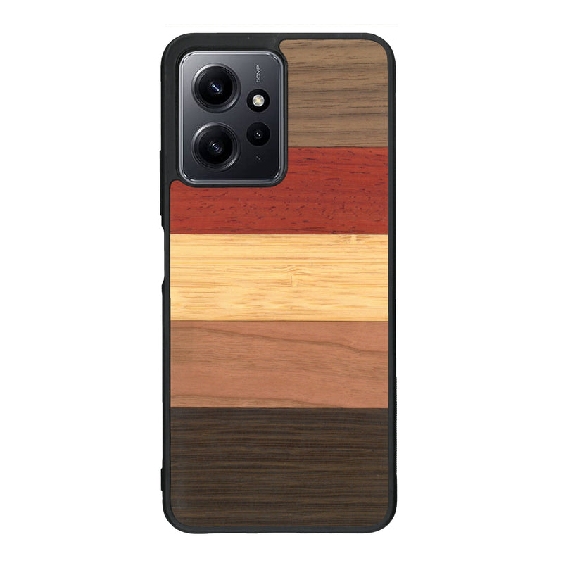 Coque de protection en bois véritable fabriquée en France pour Xiaomi Redmi Note 12 alliant des bandes horizontales de bambou, merisier, padouk, noyer et chêne fumé