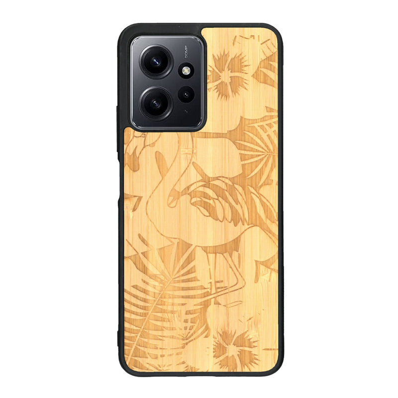 Coque de protection en bois véritable fabriquée en France pour Xiaomi Redmi Note 12 sur le thème de la nature et des animaux représentant un flamant rose entre des fougères