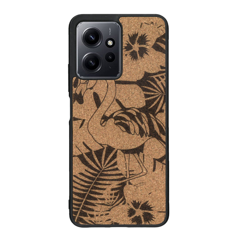 Coque de protection en bois véritable fabriquée en France pour Xiaomi Redmi Note 12 sur le thème de la nature et des animaux représentant un flamant rose entre des fougères