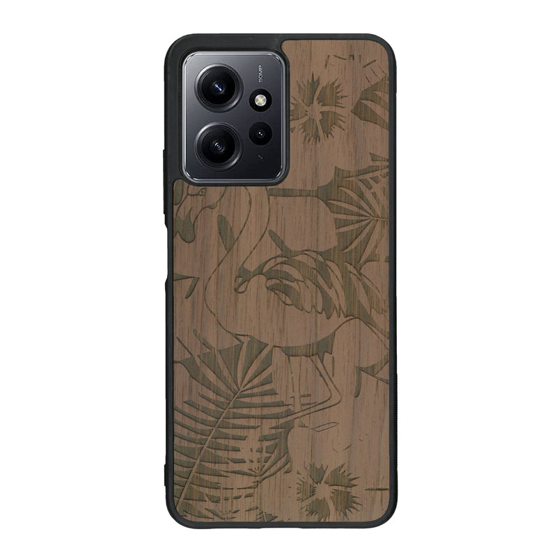 Coque de protection en bois véritable fabriquée en France pour Xiaomi Redmi Note 12 sur le thème de la nature et des animaux représentant un flamant rose entre des fougères