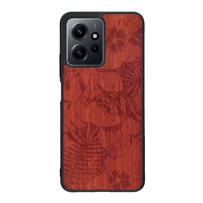 Coque de protection en bois véritable fabriquée en France pour Xiaomi Redmi Note 12 sur le thème de la nature et des animaux représentant un flamant rose entre des fougères