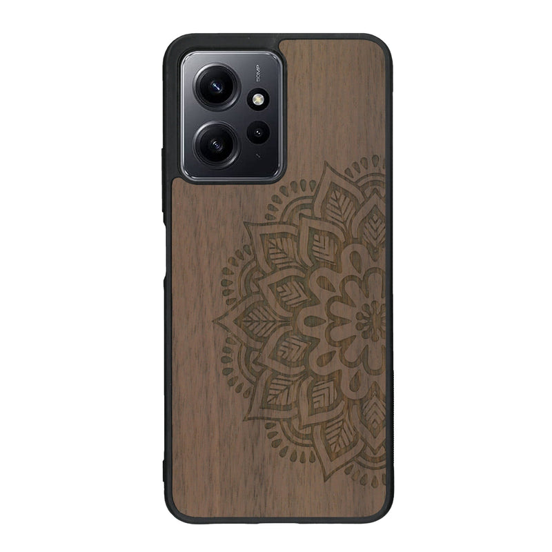 Coque de protection en bois véritable fabriquée en France pour Xiaomi Redmi Note 12 sur le thème de la bohème et du tatouage au henné avec une gravure représentant un mandala