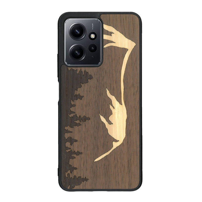 Coque de protection en bois véritable fabriquée en France pour Xiaomi Redmi Note 12 sur le thème de la nature et de la montagne qui allie du chêne fumé, du noyer et du bambou représentant le mont mézenc