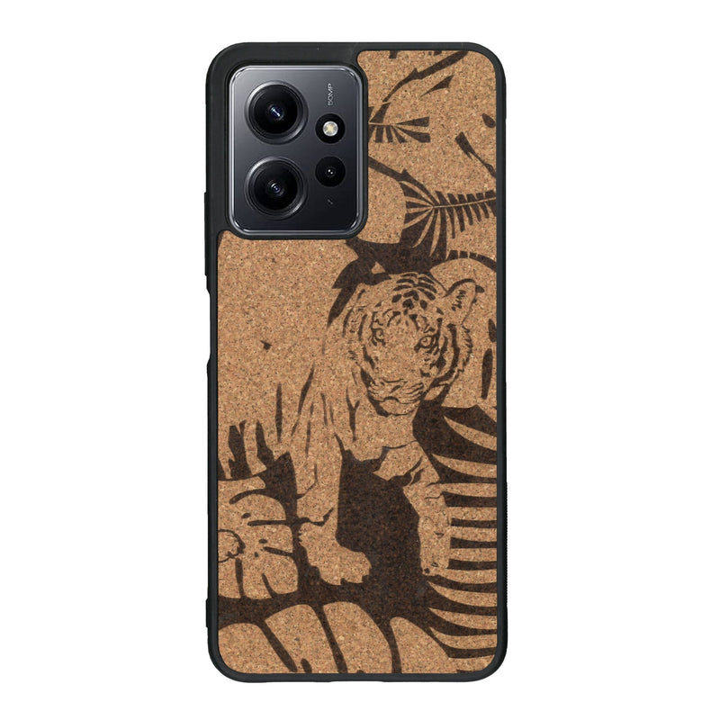 Coque de protection en bois véritable fabriquée en France pour Xiaomi Redmi Note 12 sur le thème de la nature et des animaux représentant un tigre dans la jungle entre des fougères