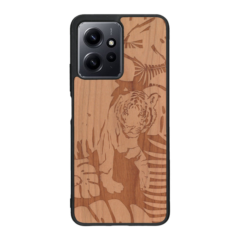 Coque de protection en bois véritable fabriquée en France pour Xiaomi Redmi Note 12 sur le thème de la nature et des animaux représentant un tigre dans la jungle entre des fougères