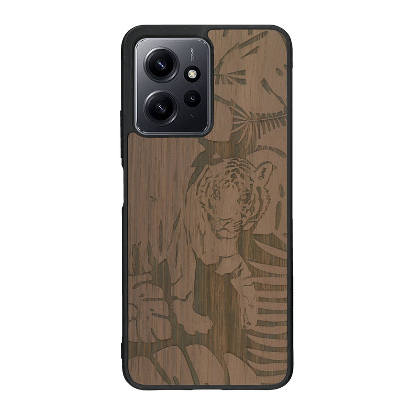 Coque de protection en bois véritable fabriquée en France pour Xiaomi Redmi Note 12 sur le thème de la nature et des animaux représentant un tigre dans la jungle entre des fougères