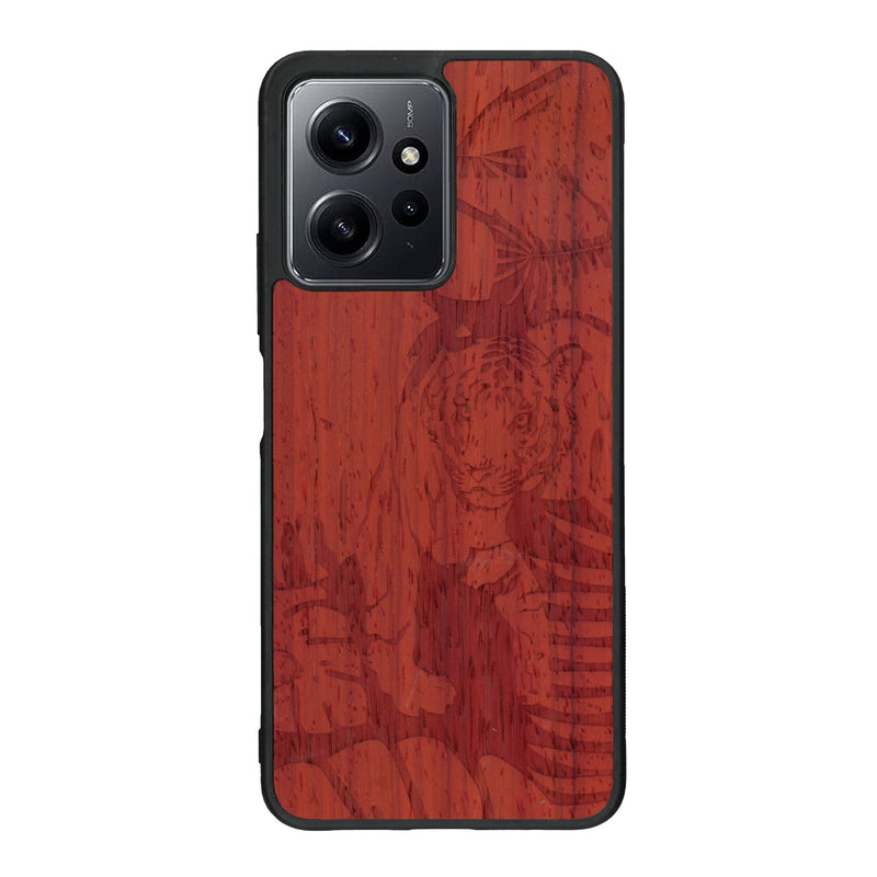 Coque de protection en bois véritable fabriquée en France pour Xiaomi Redmi Note 12 sur le thème de la nature et des animaux représentant un tigre dans la jungle entre des fougères