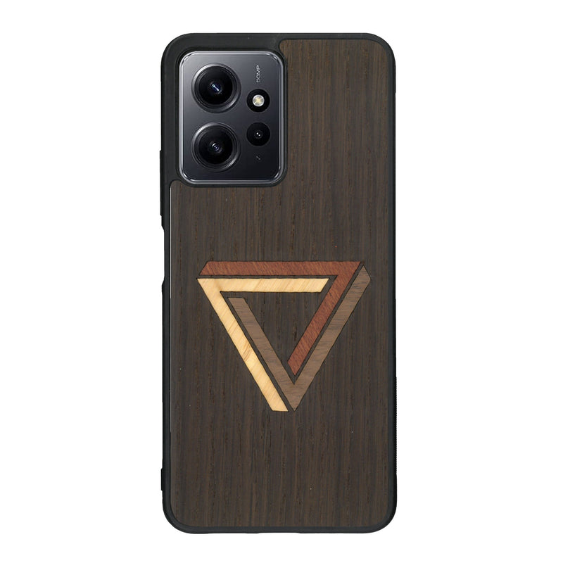 Coque de protection en bois véritable fabriquée en France pour Xiaomi Redmi Note 12 sur le thème de l'art géométrique qui allie du chêne fumé, du noyer, du bambou et du padouk représentant le triangle de penrose