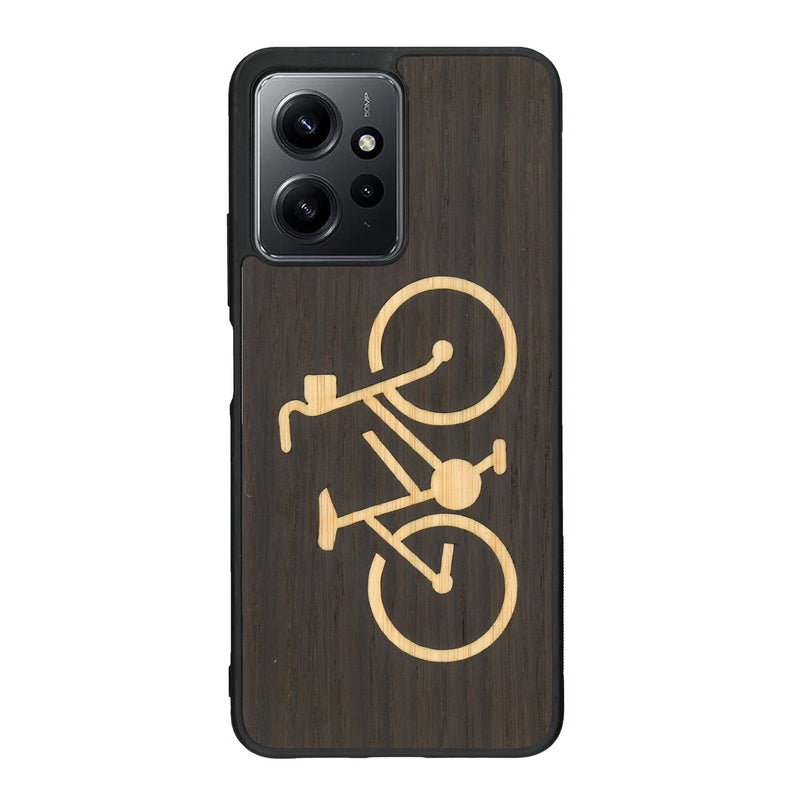 Coque de protection en bois véritable fabriquée en France pour Xiaomi Redmi Note 12 sur le theme du vélo et de l'outdoor qui allie du bambou et du chêne fumé représentant un vélo