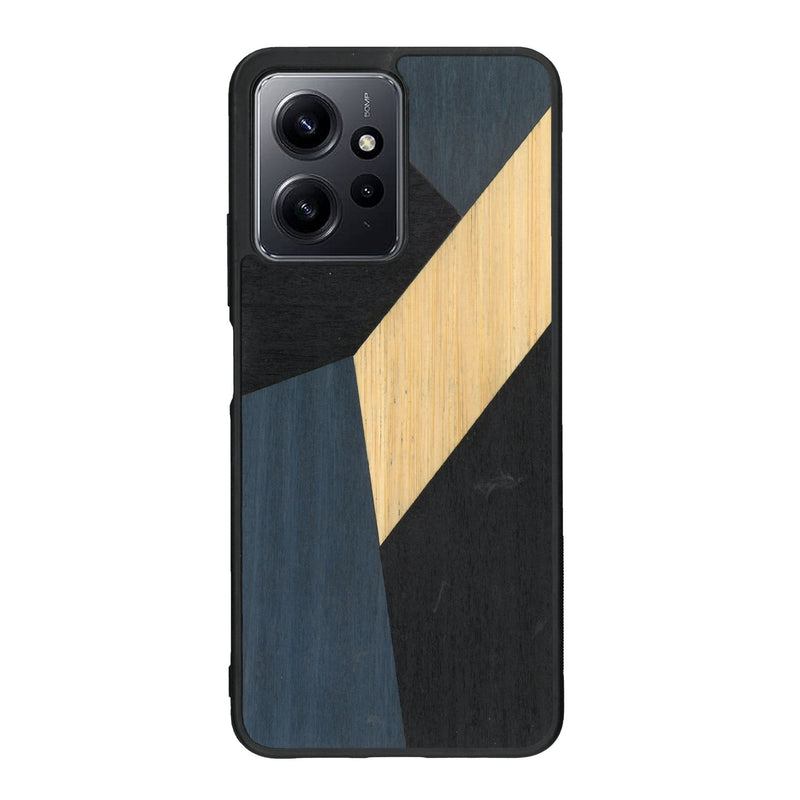 Coque de protection en bois véritable fabriquée en France pour Xiaomi Redmi Note 12 alliant du bambou, du tulipier bleu et noir en forme de mosaïque minimaliste sur le thème de l'art abstrait