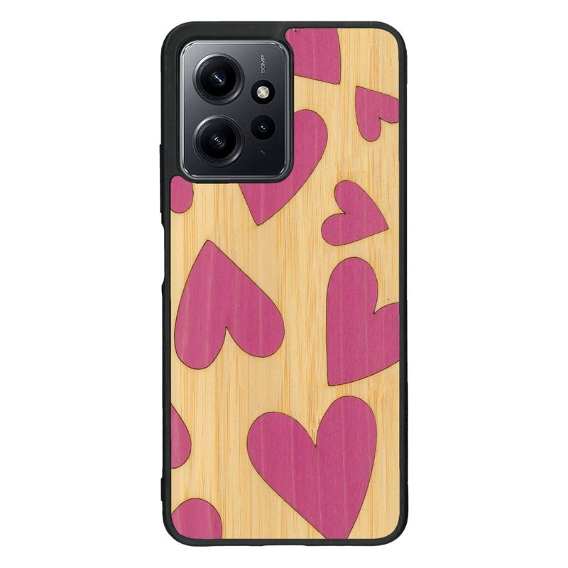 Coque de protection en bois véritable fabriquée en France pour Xiaomi Redmi Note 12 alliant plusieurs essences de bois pour représenter des coeurs pour les amoureux