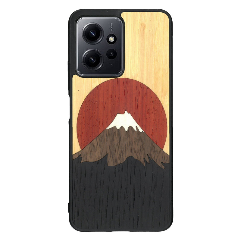 Coque de protection en bois véritable fabriquée en France pour Xiaomi Redmi Note 12 alliant plusieurs essences de bois pour représenter le mont Fuji