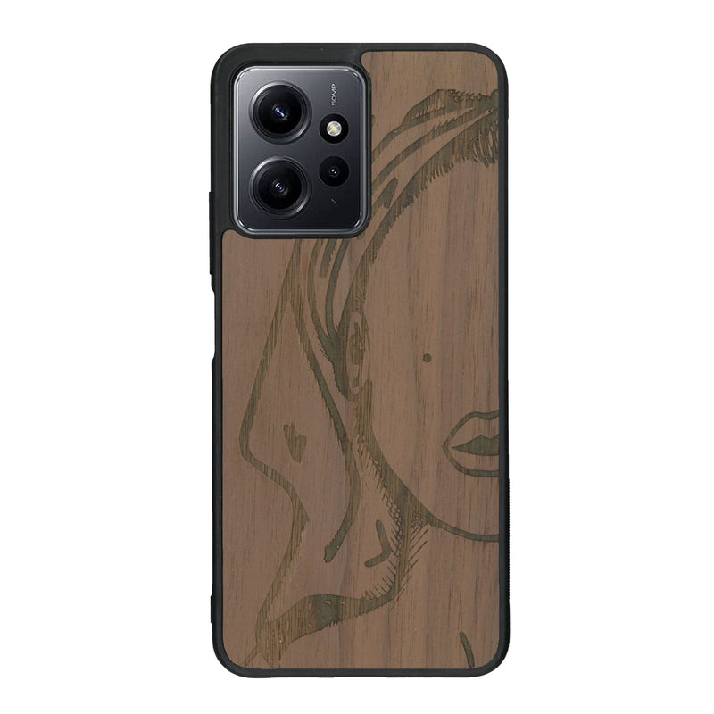 Coque de protection en bois véritable fabriquée en France pour Xiaomi Redmi Note 12 Pro représentant une silhouette féminine épurée de type line art en collaboration avec l'artiste Maud Dabs