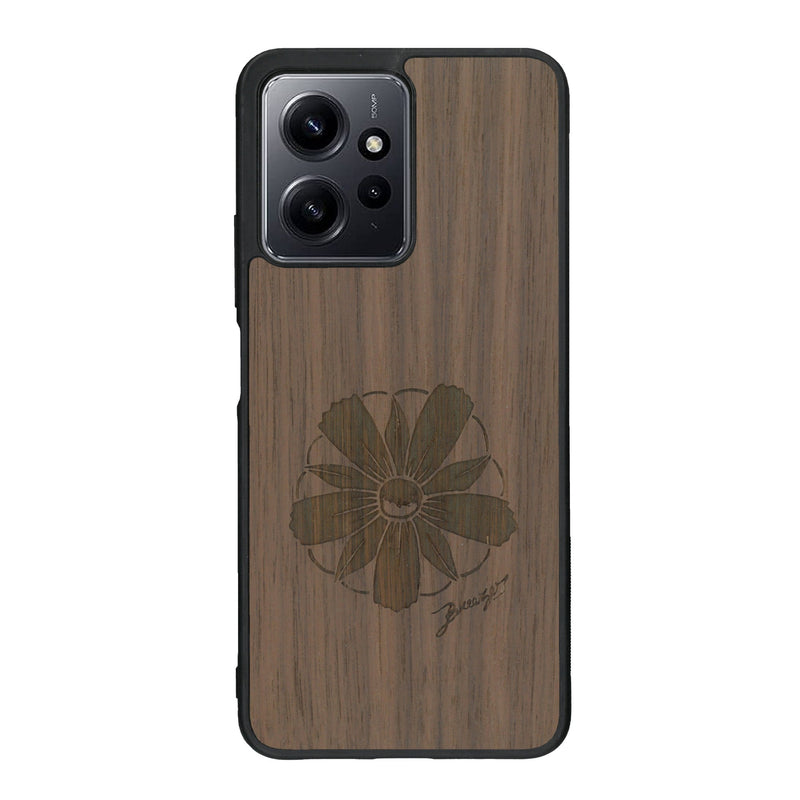 Coque de protection en bois véritable fabriquée en France pour Xiaomi Redmi Note 12 Pro sur le thème des fleurs et de la montagne avec un motif de gravure représentant les pétales d'une fleur des montagnes