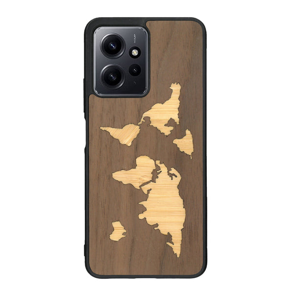 Coque de protection en bois véritable fabriquée en France pour Xiaomi Redmi Note 12 Pro alliant du bambou et du noyer sur le thème du voyage et de l'aventure représentant une mappemonde