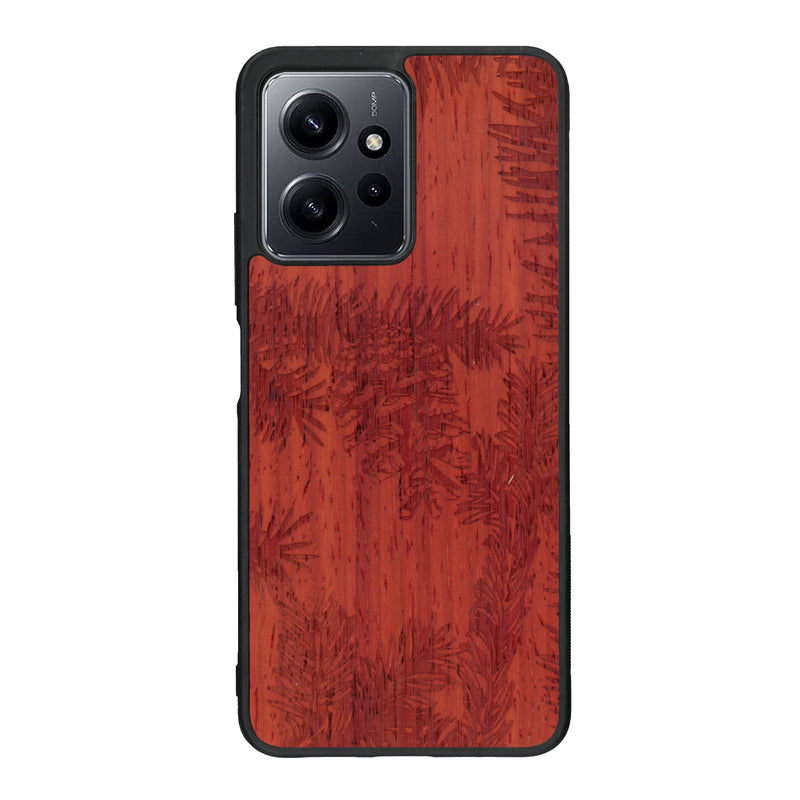 Coque de protection en bois véritable fabriquée en France pour Xiaomi Redmi Note 12 Pro sur le thème de la nature des arbres avec un motif de gravure représentant des épines de sapin et des pommes de pin