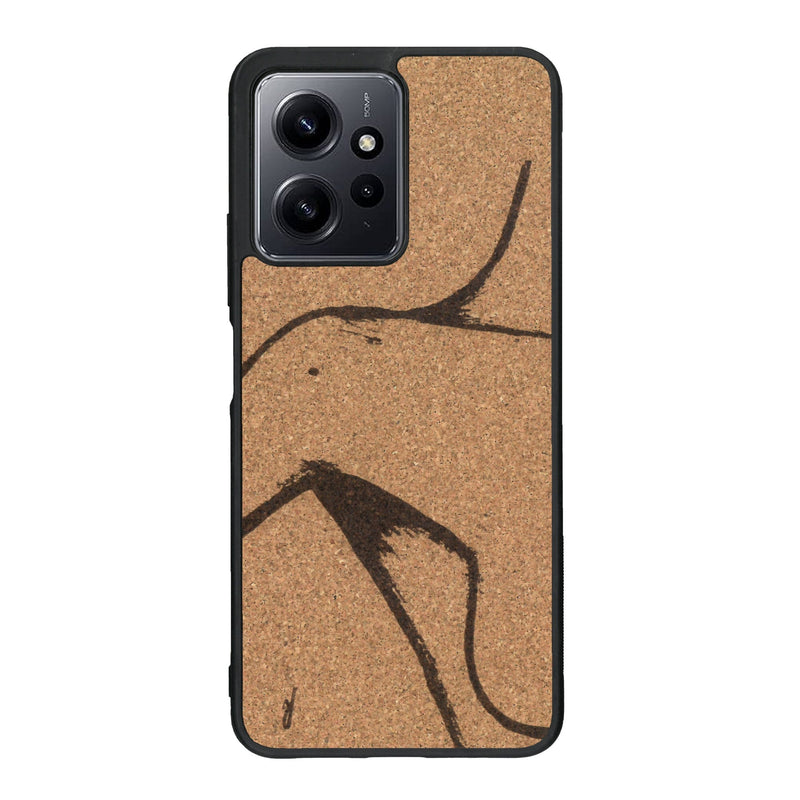 Coque de protection en bois véritable fabriquée en France pour Xiaomi Redmi Note 12 Pro représentant une silhouette féminine dessinée à la main par l'artiste Maud Dabs