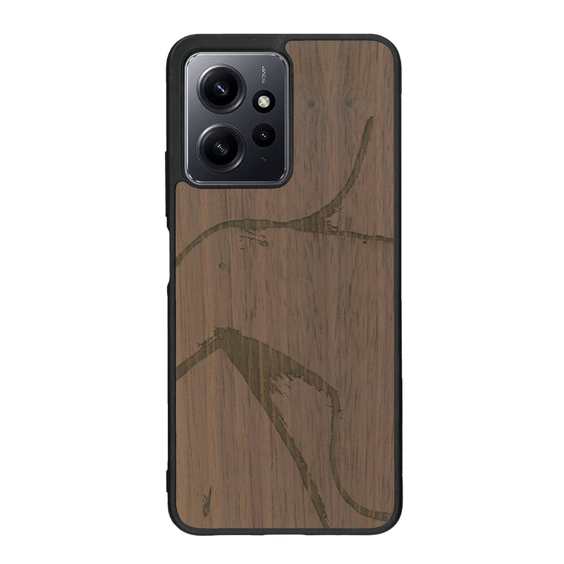 Coque de protection en bois véritable fabriquée en France pour Xiaomi Redmi Note 12 Pro représentant une silhouette féminine dessinée à la main par l'artiste Maud Dabs