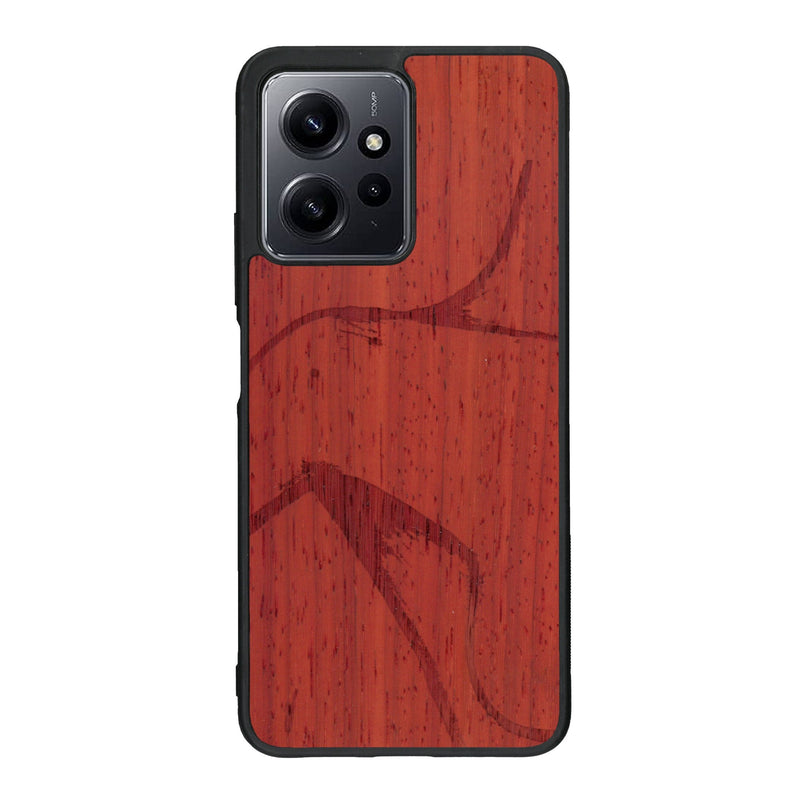 Coque de protection en bois véritable fabriquée en France pour Xiaomi Redmi Note 12 Pro représentant une silhouette féminine dessinée à la main par l'artiste Maud Dabs