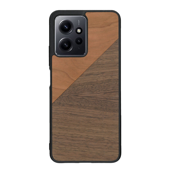 Coque de protection en bois véritable fabriquée en France pour Xiaomi Redmi Note 12 Pro alliant du merisier et du noyer formant chacun un triangle avec une jointure en diagonale sur le thème de l'art abstrait