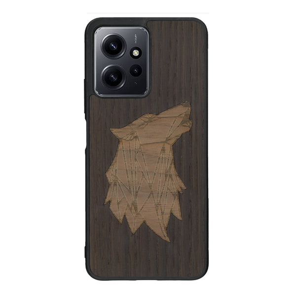 Coque de protection en bois véritable fabriquée en France pour Xiaomi Redmi Note 12 Pro alliant du chêne fumé et du noyer représentant une tête de loup géométrique de profil sur le thème des animaux et de la nature