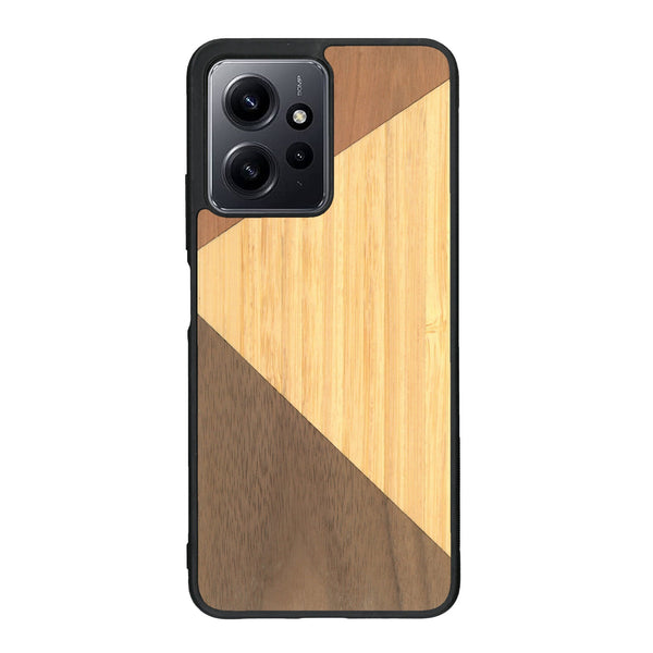 Coque de protection en bois véritable fabriquée en France pour Xiaomi Redmi Note 12 Pro alliant du merisier, du noyer et du bambou formant chacun deux triangles et un trapèze avec deux jointures en diagonale sur le thème de l'art abstrait