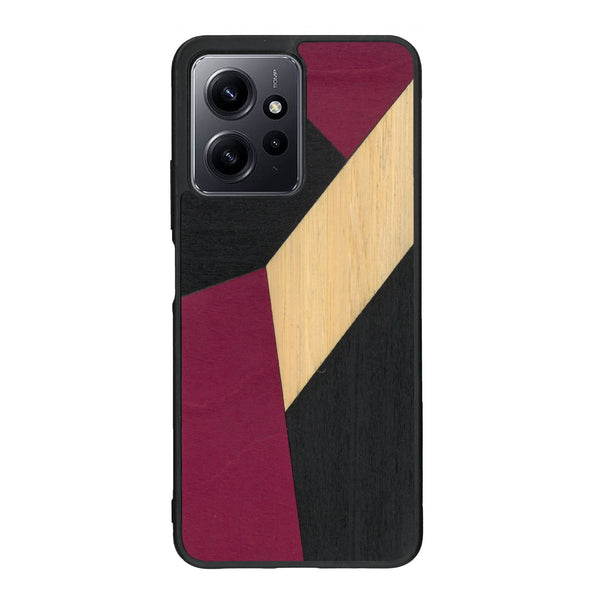 Coque de protection en bois véritable fabriquée en France pour Xiaomi Redmi Note 12 Pro alliant du bambou, du tulipier rose et noir en forme de mosaïque minimaliste sur le thème de l'art abstrait