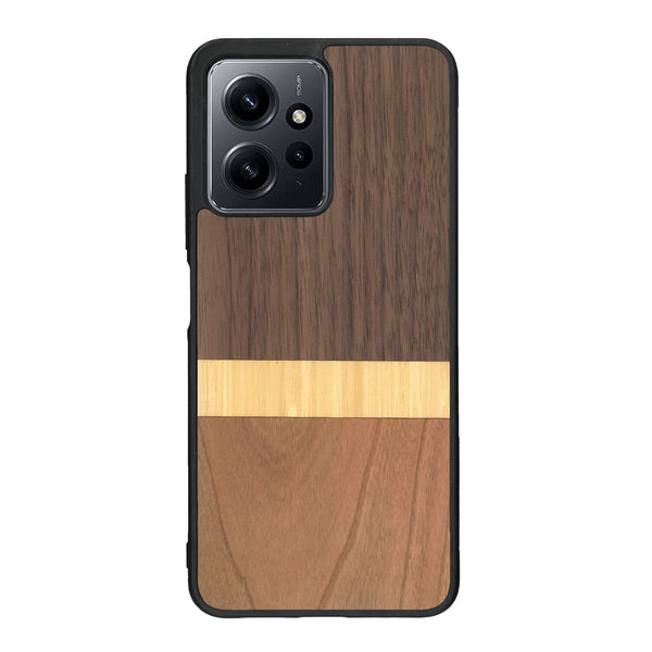 Coque de protection en bois véritable fabriquée en France pour Xiaomi Redmi Note 12 Pro alliant des bandes horizontales de bambou, merisier et noyer