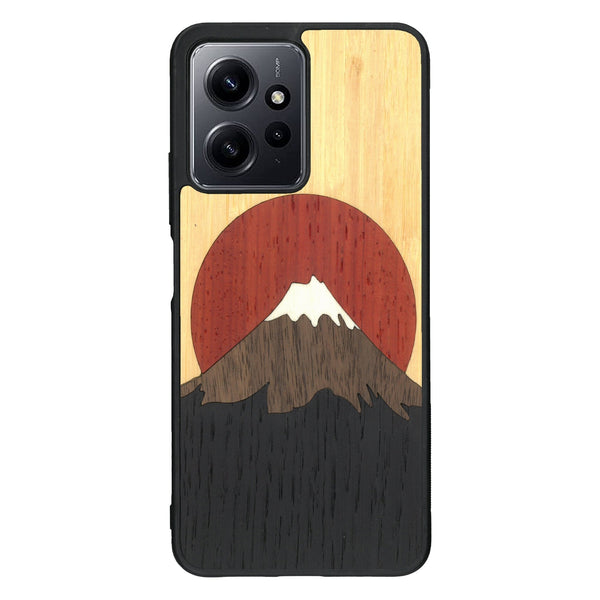 Coque de protection en bois véritable fabriquée en France pour Xiaomi Redmi Note 12 Pro alliant plusieurs essences de bois pour représenter le mont Fuji