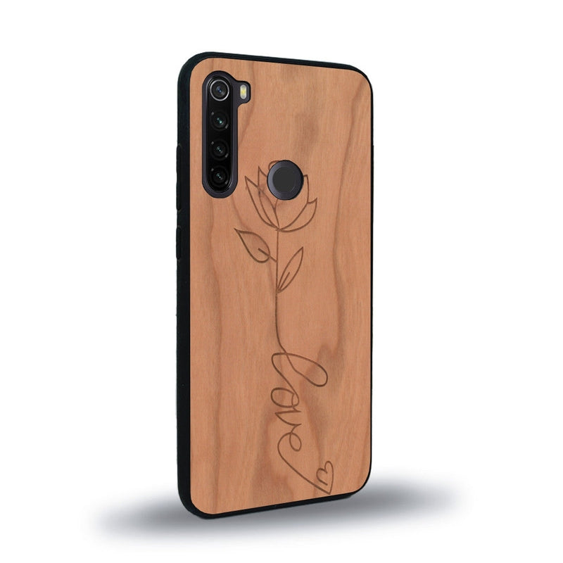 Coque de protection en bois véritable fabriquée en France pour Xiaomi Redmi Note 8 sur le thème de la fête des mères avec un motif représentant une fleur dont la tige forme le mot "love"