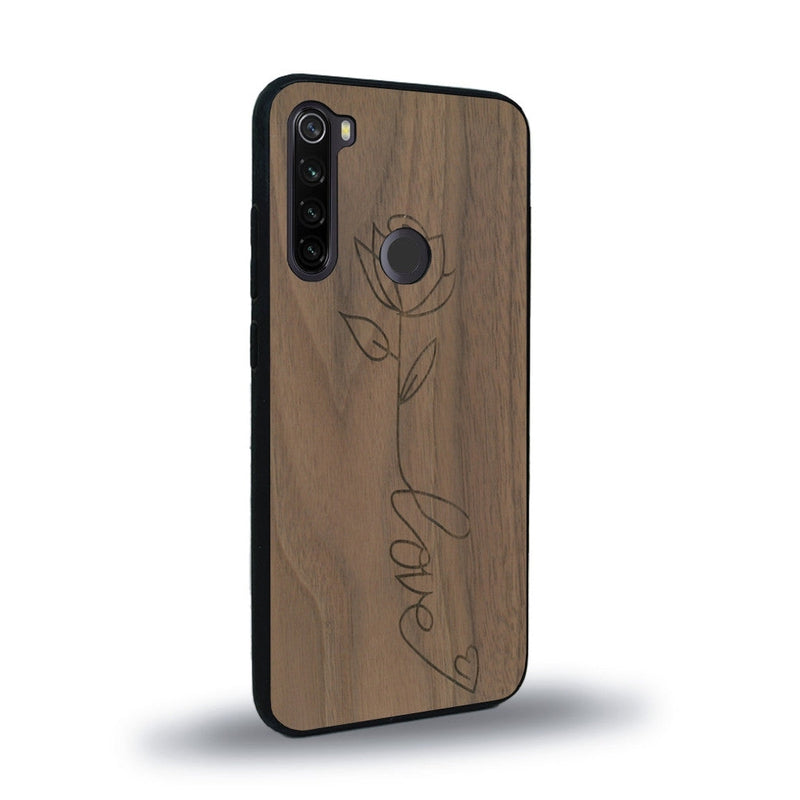 Coque de protection en bois véritable fabriquée en France pour Xiaomi Redmi Note 8 sur le thème de la fête des mères avec un motif représentant une fleur dont la tige forme le mot "love"