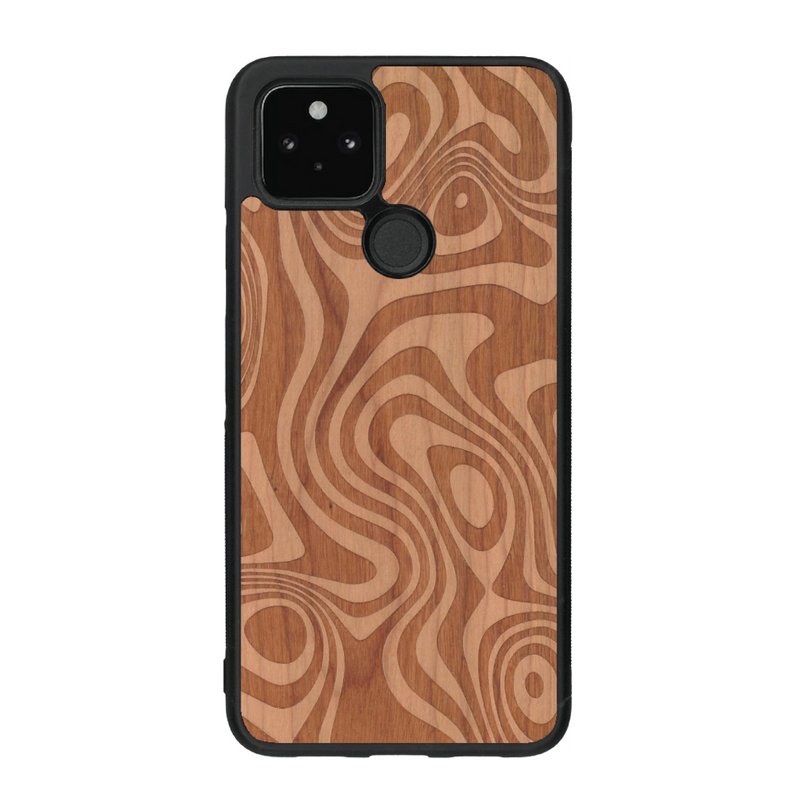 Coque de protection en bois véritable fabriquée en France pour Google Pixel 4a 5g avec un motif abstrait représentant les mouvements de l'eau