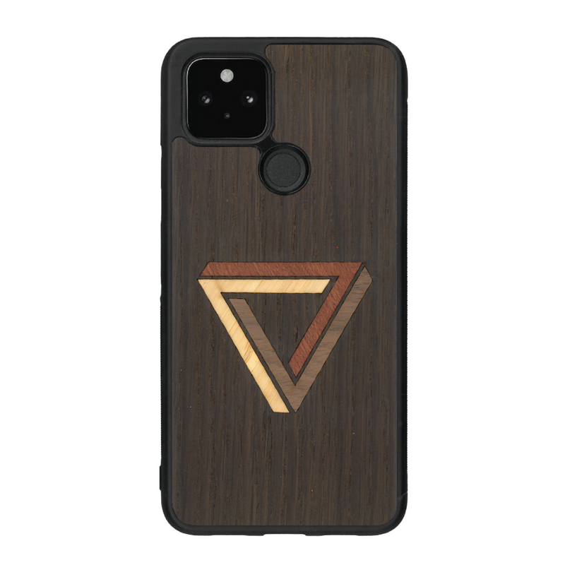 Coque de protection en bois véritable fabriquée en France pour Google Pixel 5a sur le thème de l'art géométrique qui allie du chêne fumé, du noyer, du bambou et du padouk représentant le triangle de penrose