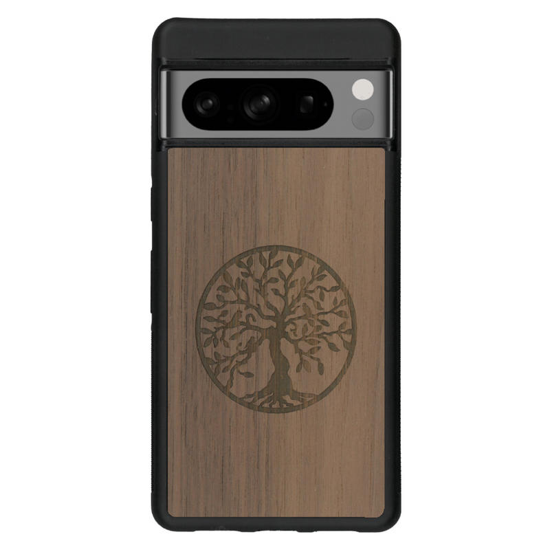 Coque de protection en bois véritable fabriquée en France pour Google Pixel 6 sur le thème de la spiritualité et du yoga avec une gravure zen représentant un arbre de vie