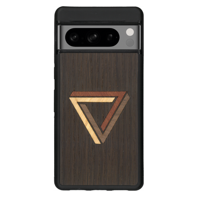 Coque de protection en bois véritable fabriquée en France pour Google Pixel 6a sur le thème de l'art géométrique qui allie du chêne fumé, du noyer, du bambou et du padouk représentant le triangle de penrose