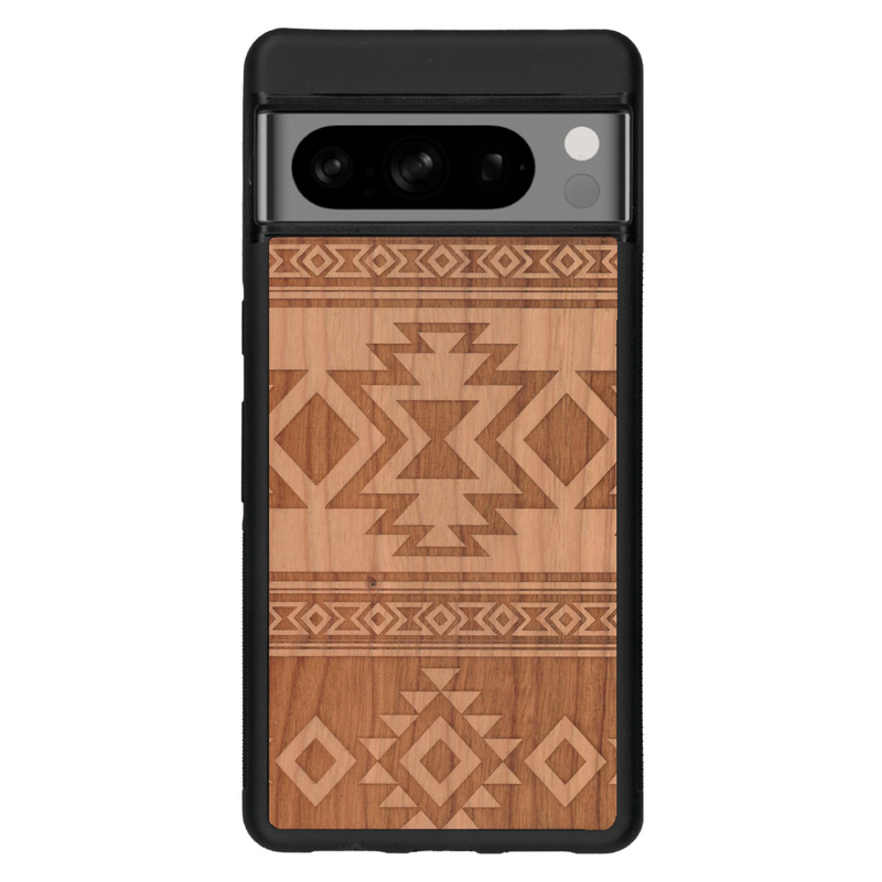 Coque de protection en bois véritable fabriquée en France pour Google Pixel 7 avec des motifs géométriques s'inspirant des temples aztèques, mayas et incas