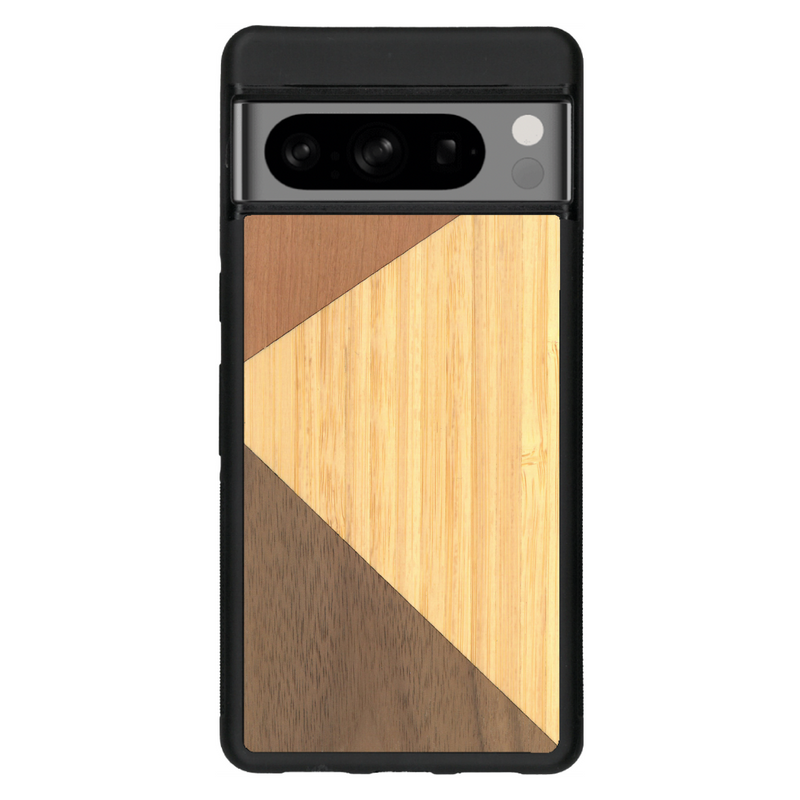 Coque de protection en bois véritable fabriquée en France pour Google Pixel 7pro alliant du merisier, du noyer et du bambou formant chacun deux triangles et un trapèze avec deux jointures en diagonale sur le thème de l'art abstrait