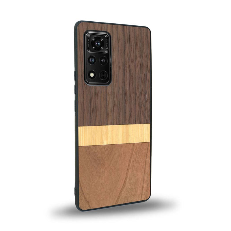 Coque de protection en bois véritable fabriquée en France pour Honor V40 alliant des bandes horizontales de bambou, merisier et noyer