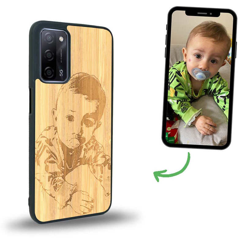 Coque de protection en bois véritable fabriquée en France pour Oppo A55 5G avec gravure personnalisée à partir d'une photo, d'une image, d'un logo, des initials ou d'une phrase