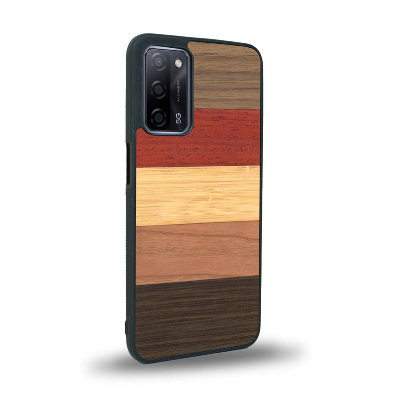 Coque de protection en bois véritable fabriquée en France pour Oppo A72 alliant des bandes horizontales de bambou, merisier, padouk, noyer et chêne fumé