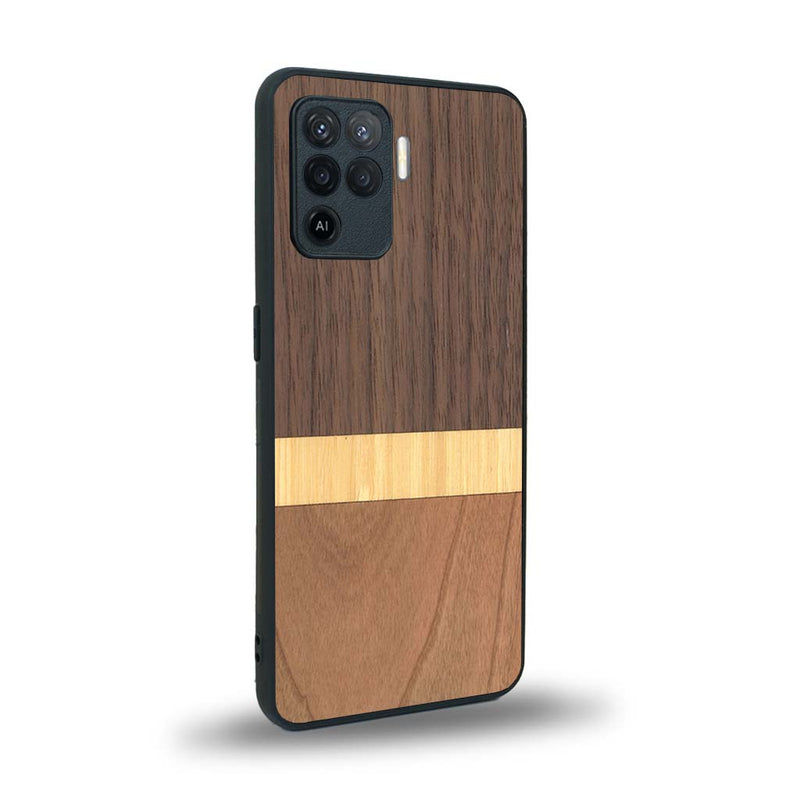 Coque de protection en bois véritable fabriquée en France pour Oppo A94 alliant des bandes horizontales de bambou, merisier et noyer