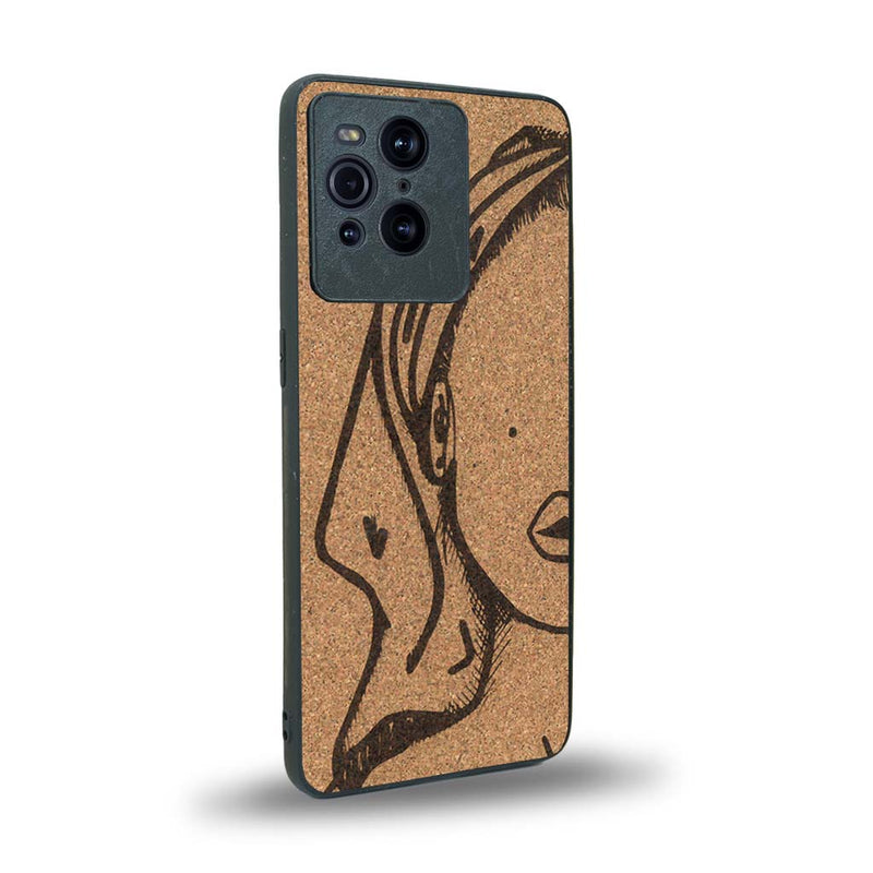 Coque de protection en bois véritable fabriquée en France pour Oppo Find X3 Pro représentant une silhouette féminine épurée de type line art en collaboration avec l'artiste Maud Dabs