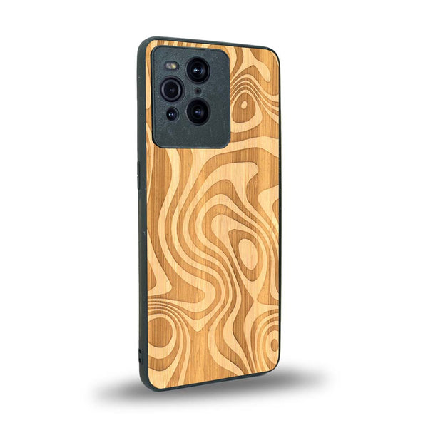 Coque de protection en bois véritable fabriquée en France pour Oppo Find X3 Pro avec un motif abstrait représentant les mouvements de l'eau