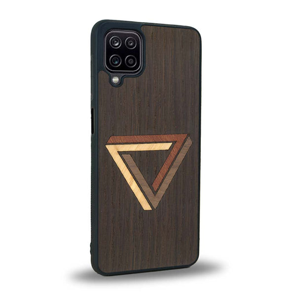 Coque de protection en bois véritable fabriquée en France pour Samsung A12 sur le thème de l'art géométrique qui allie du chêne fumé, du noyer, du bambou et du padouk représentant le triangle de penrose