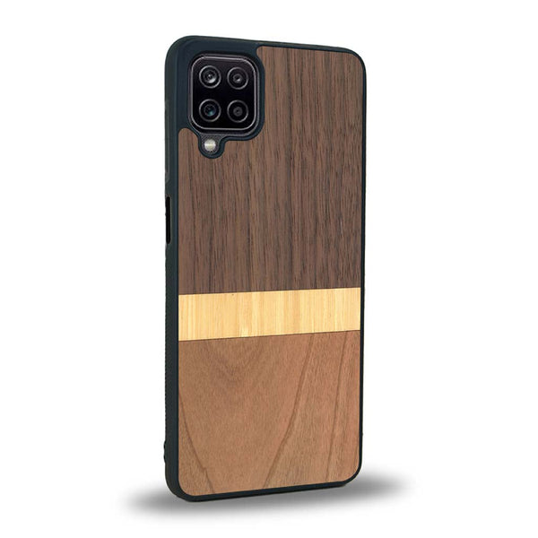 Coque de protection en bois véritable fabriquée en France pour Samsung A12 alliant des bandes horizontales de bambou, merisier et noyer