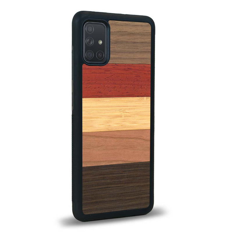 Coque de protection en bois véritable fabriquée en France pour Samsung A71 alliant des bandes horizontales de bambou, merisier, padouk, noyer et chêne fumé