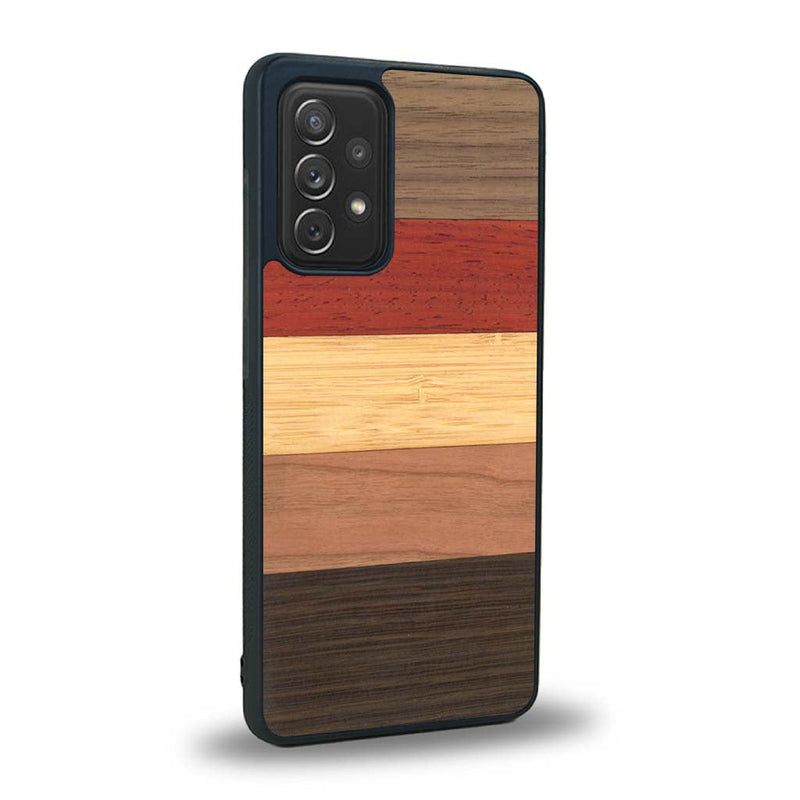 Coque de protection en bois véritable fabriquée en France pour Samsung A91 alliant des bandes horizontales de bambou, merisier, padouk, noyer et chêne fumé