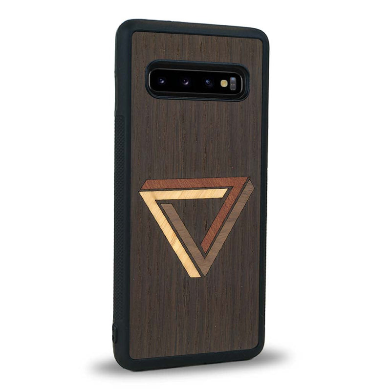 Coque de protection en bois véritable fabriquée en France pour Samsung Note 8 sur le thème de l'art géométrique qui allie du chêne fumé, du noyer, du bambou et du padouk représentant le triangle de penrose