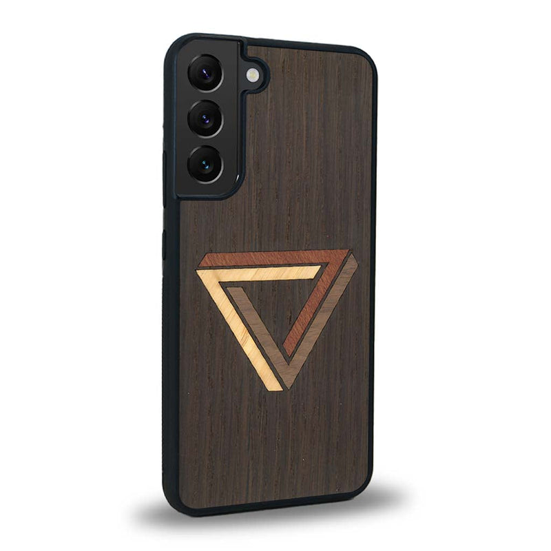 Coque de protection en bois véritable fabriquée en France pour Samsung S21FE sur le thème de l'art géométrique qui allie du chêne fumé, du noyer, du bambou et du padouk représentant le triangle de penrose